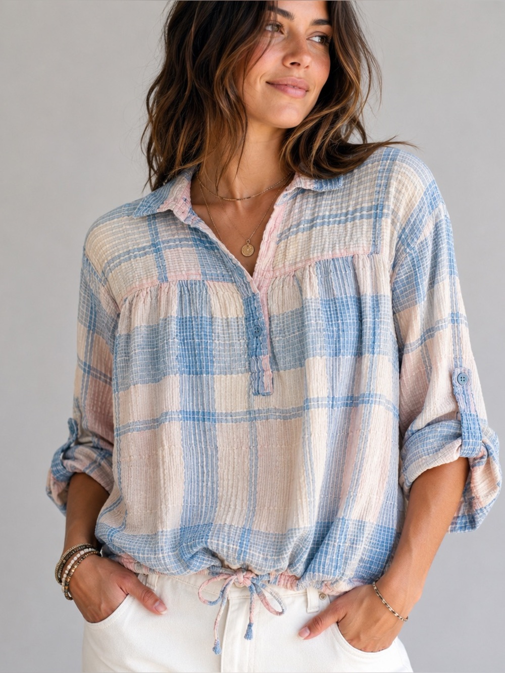Vintage India Cotton Gauze Plaid Shirt Pastel Coastal Cottagecore M